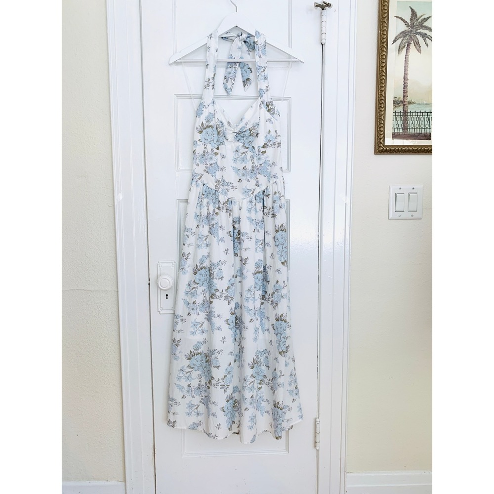 Floral Halter Sun Dress XS Coquette Blue White Sweetheart V-Waist Cottagecore - Picture 8 of 16